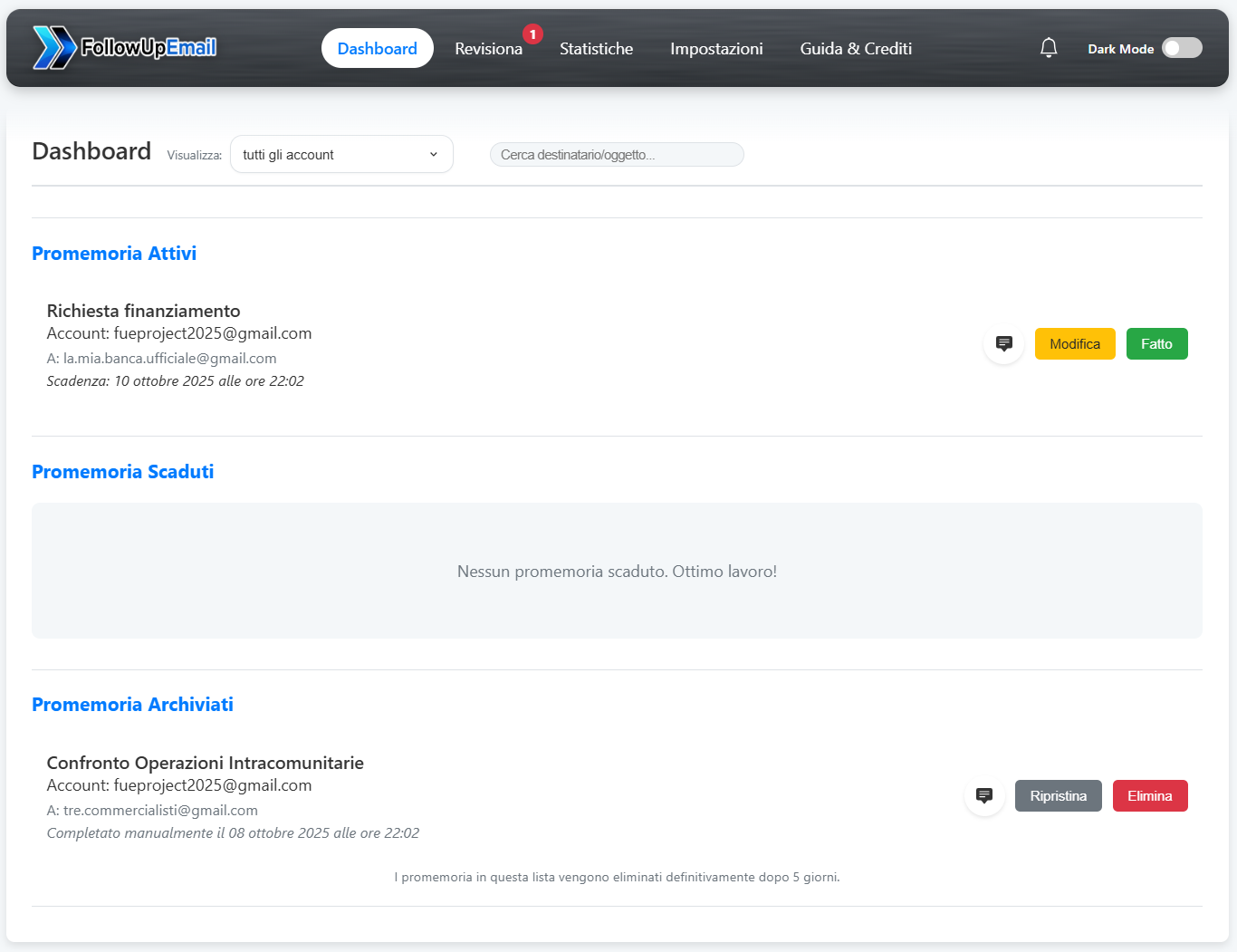 Screenshot della Dashboard di FollowUpEmail