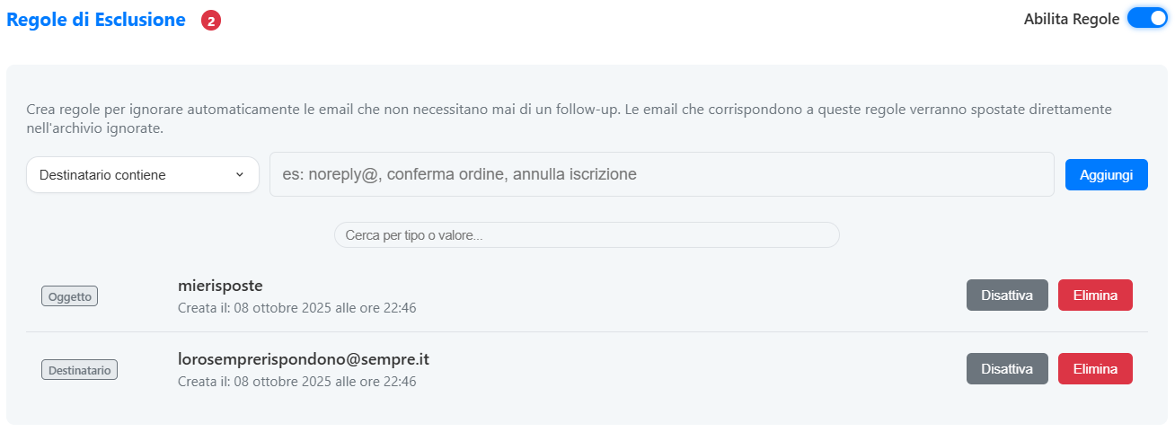Screenshot della sezione Regole di Esclusione